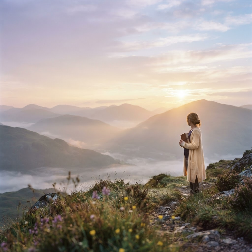 A woman holding a Bible as the sun rises over a quiet mountain valley