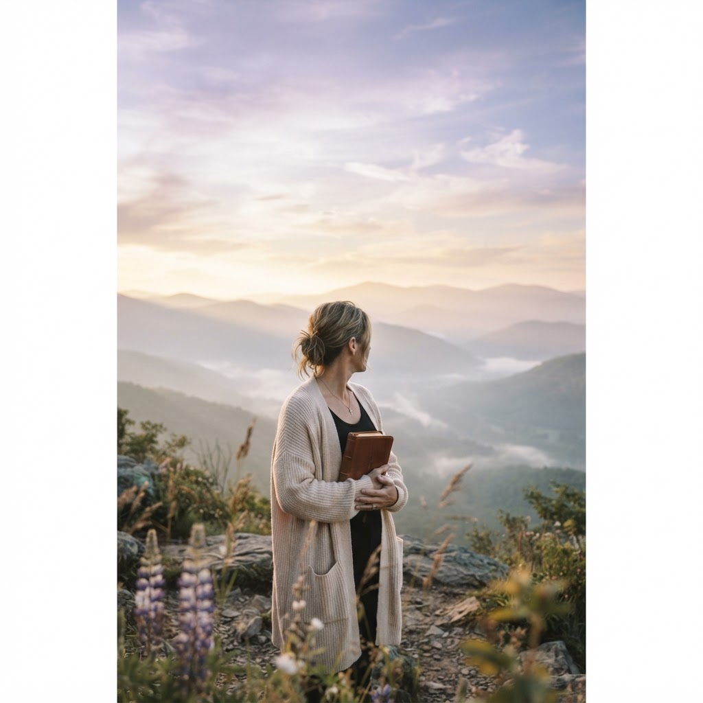 A woman holding a Bible as the sun rises over a quiet mountain valley